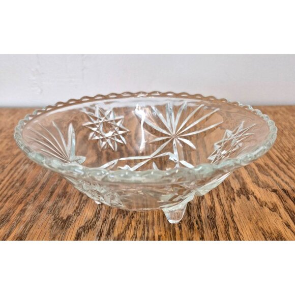 Other - Vintage Clear Glass Decorative Footed Bowl With Starburst & Floral Engraved Patt